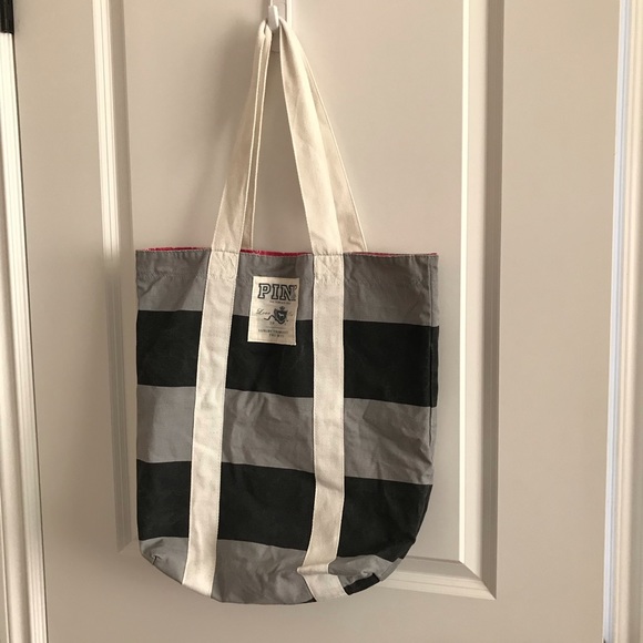 PINK tote bag, gray and black with cream handles, pink interior - Picture 2 of 12
